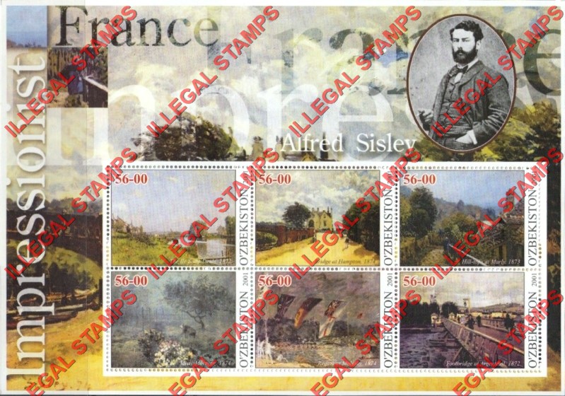 OZBEKISTON 2001 Paintings Impressionists From France Alfred Sisley Counterfeit Illegal Stamp Souvenir Sheet of 6