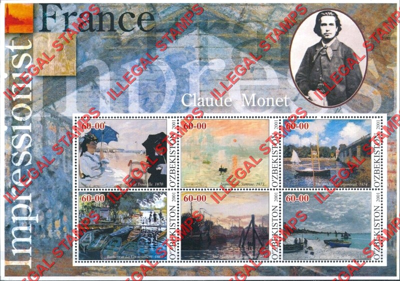OZBEKISTON 2001 Paintings Impressionists From France Claude Monet Counterfeit Illegal Stamp Souvenir Sheet of 6