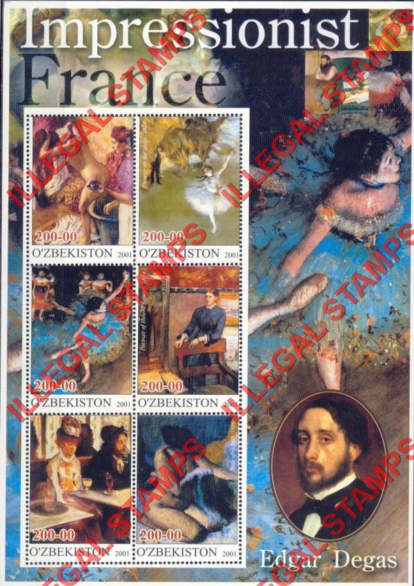 OZBEKISTON 2001 Paintings Impressionists From France Edgar Degas Counterfeit Illegal Stamp Souvenir Sheet of 6
