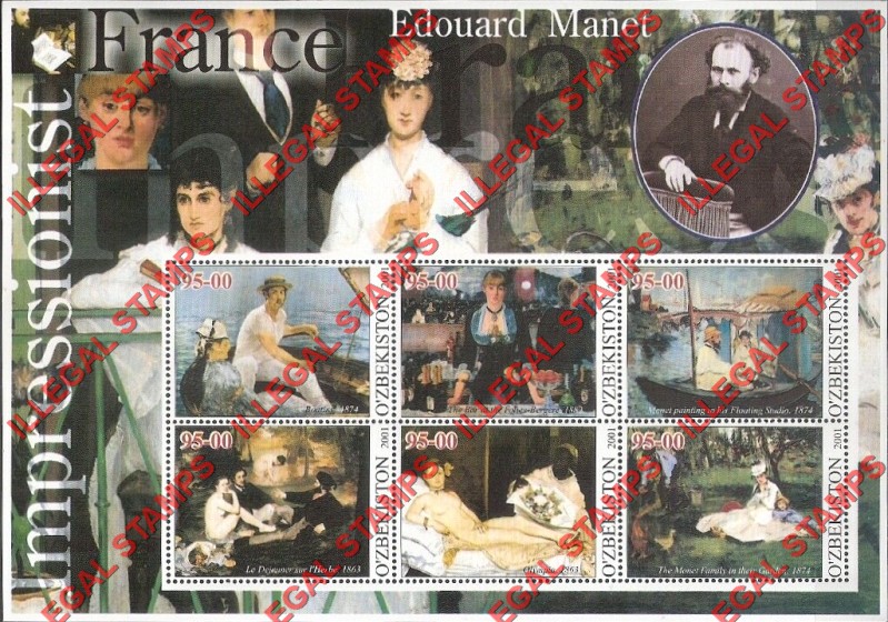 OZBEKISTON 2001 Paintings Impressionists From France Edouard Manet Counterfeit Illegal Stamp Souvenir Sheet of 6
