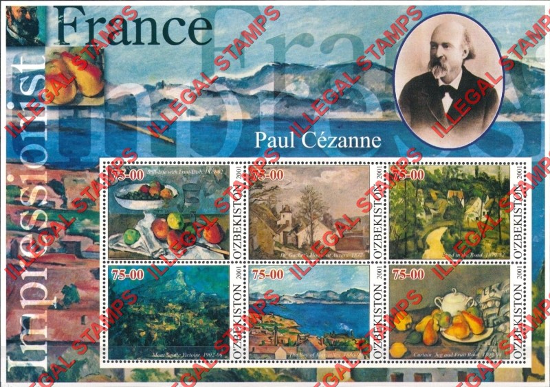 OZBEKISTON 2001 Paintings Impressionists From France Paul Cezanne Counterfeit Illegal Stamp Souvenir Sheet of 6