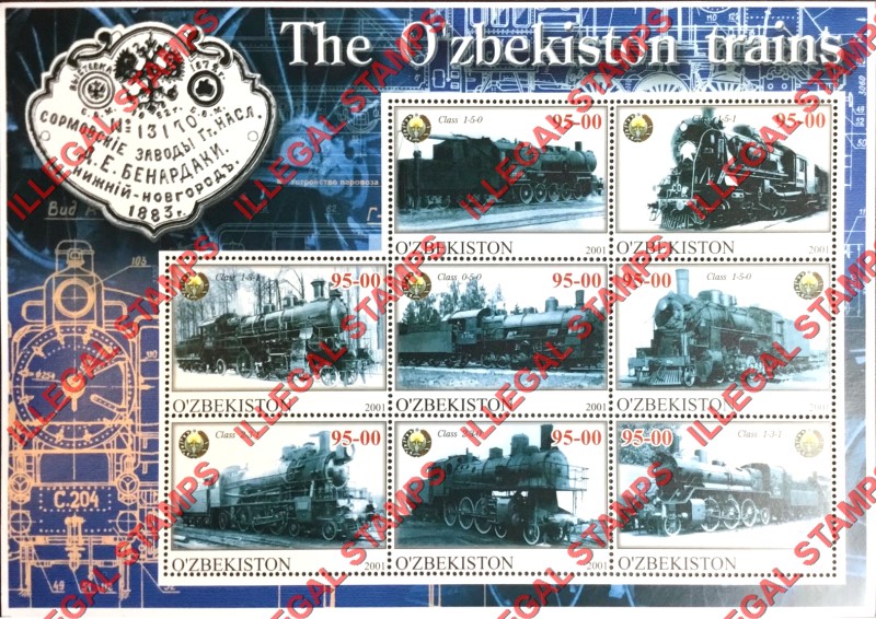 OZBEKISTON 2001 The O'zbekistan Trains with Emblem of Uzbekistan Counterfeit Illegal Stamp Souvenir Sheet of 8 (Sheet 3)