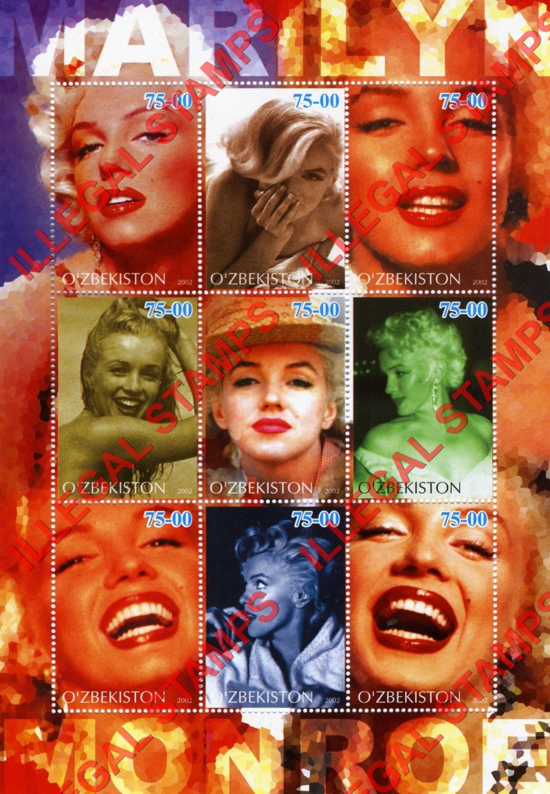 OZBEKISTON 2002 Marilyn Monroe Counterfeit Illegal Stamp Souvenir Sheet of 9 (Sheet 1)