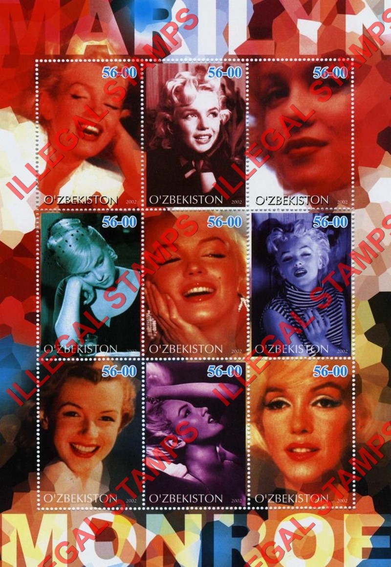 OZBEKISTON 2002 Marilyn Monroe Counterfeit Illegal Stamp Souvenir Sheet of 9 (Sheet 2)