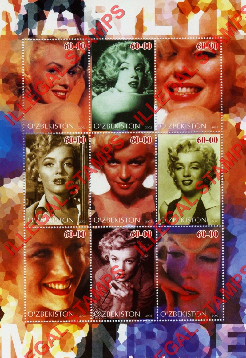 OZBEKISTON 2002 Marilyn Monroe Counterfeit Illegal Stamp Souvenir Sheet of 9 (Sheet 3)