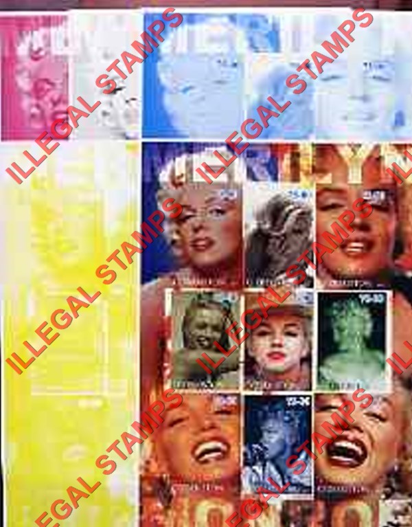 OZBEKISTON 2002 Example of Marilyn Monroe Counterfeit Illegal Stamp Souvenir Sheet of 9 Color Proof Set