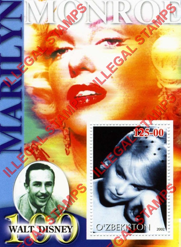 OZBEKISTON 2002 Marilyn Monroe and Walt Disney Counterfeit Illegal Stamp Souvenir Sheet of 1 (Sheet 1)