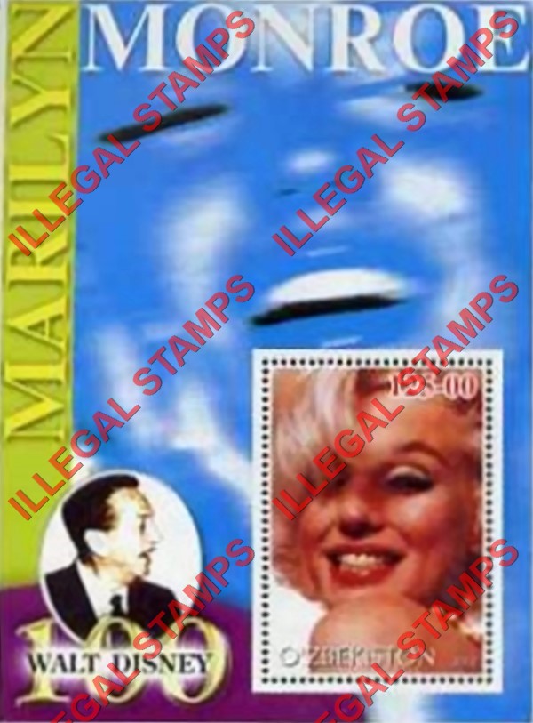 OZBEKISTON 2002 Marilyn Monroe and Walt Disney Counterfeit Illegal Stamp Souvenir Sheet of 1 (Sheet 10)