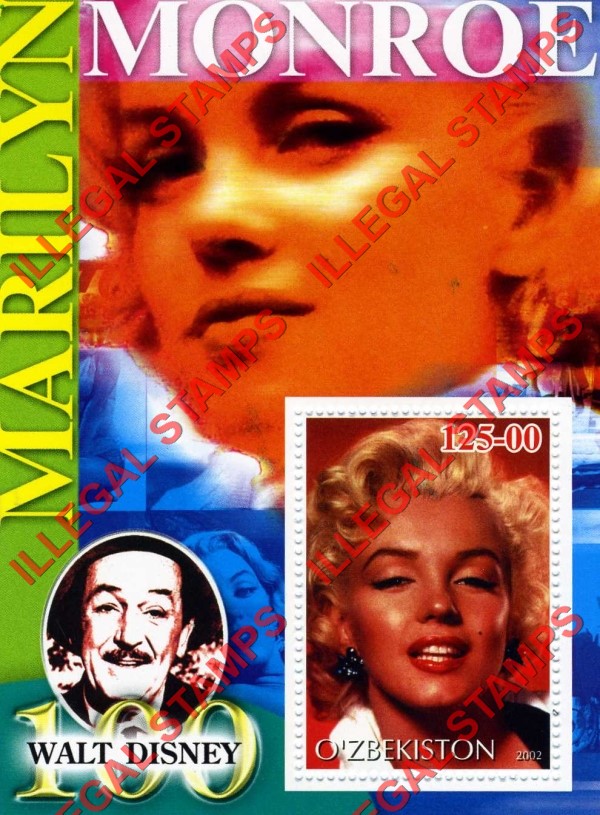 OZBEKISTON 2002 Marilyn Monroe and Walt Disney Counterfeit Illegal Stamp Souvenir Sheet of 1 (Sheet 11)