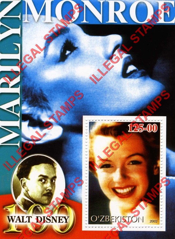 OZBEKISTON 2002 Marilyn Monroe and Walt Disney Counterfeit Illegal Stamp Souvenir Sheet of 1 (Sheet 12)