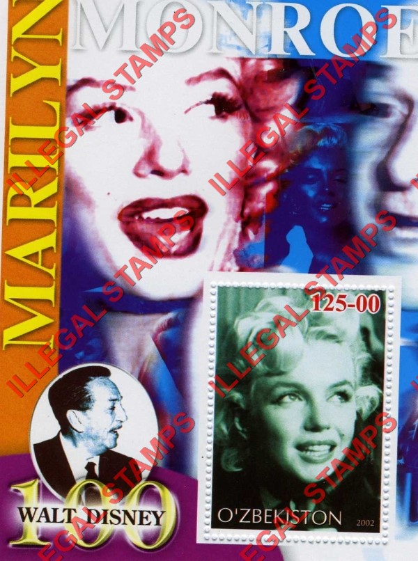 OZBEKISTON 2002 Marilyn Monroe and Walt Disney Counterfeit Illegal Stamp Souvenir Sheet of 1 (Sheet 13)