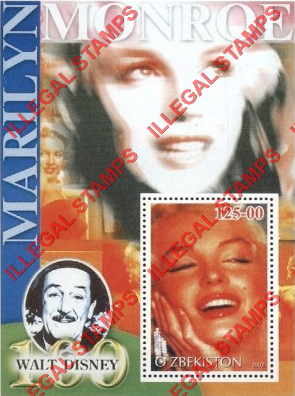 OZBEKISTON 2002 Marilyn Monroe and Walt Disney Counterfeit Illegal Stamp Souvenir Sheet of 1 (Sheet 14)