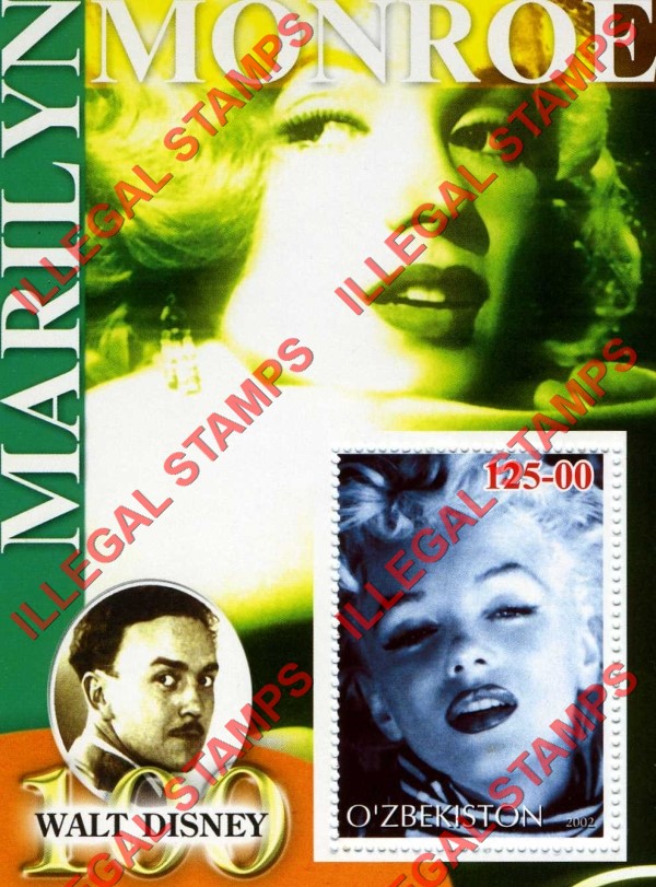 OZBEKISTON 2002 Marilyn Monroe and Walt Disney Counterfeit Illegal Stamp Souvenir Sheet of 1 (Sheet 15)