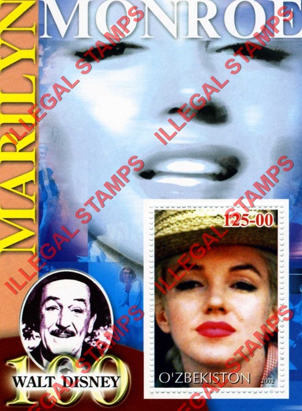 OZBEKISTON 2002 Marilyn Monroe and Walt Disney Counterfeit Illegal Stamp Souvenir Sheet of 1 (Sheet 2)