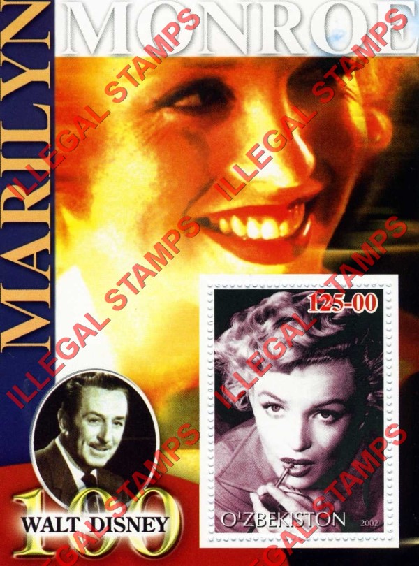 OZBEKISTON 2002 Marilyn Monroe and Walt Disney Counterfeit Illegal Stamp Souvenir Sheet of 1 (Sheet 3)