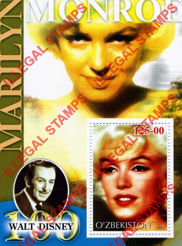 OZBEKISTON 2002 Marilyn Monroe and Walt Disney Counterfeit Illegal Stamp Souvenir Sheet of 1 (Sheet 4)