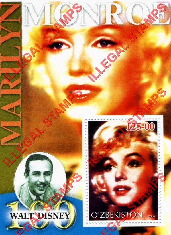 OZBEKISTON 2002 Marilyn Monroe and Walt Disney Counterfeit Illegal Stamp Souvenir Sheet of 1 (Sheet 5)