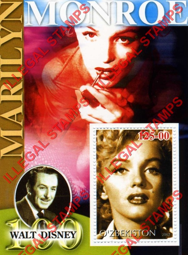 OZBEKISTON 2002 Marilyn Monroe and Walt Disney Counterfeit Illegal Stamp Souvenir Sheet of 1 (Sheet 6)