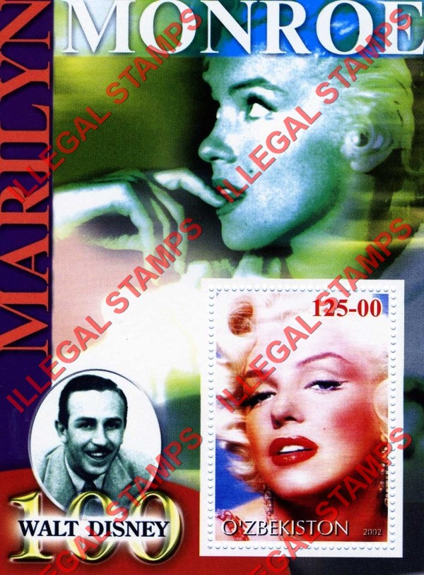 OZBEKISTON 2002 Marilyn Monroe and Walt Disney Counterfeit Illegal Stamp Souvenir Sheet of 1 (Sheet 7)