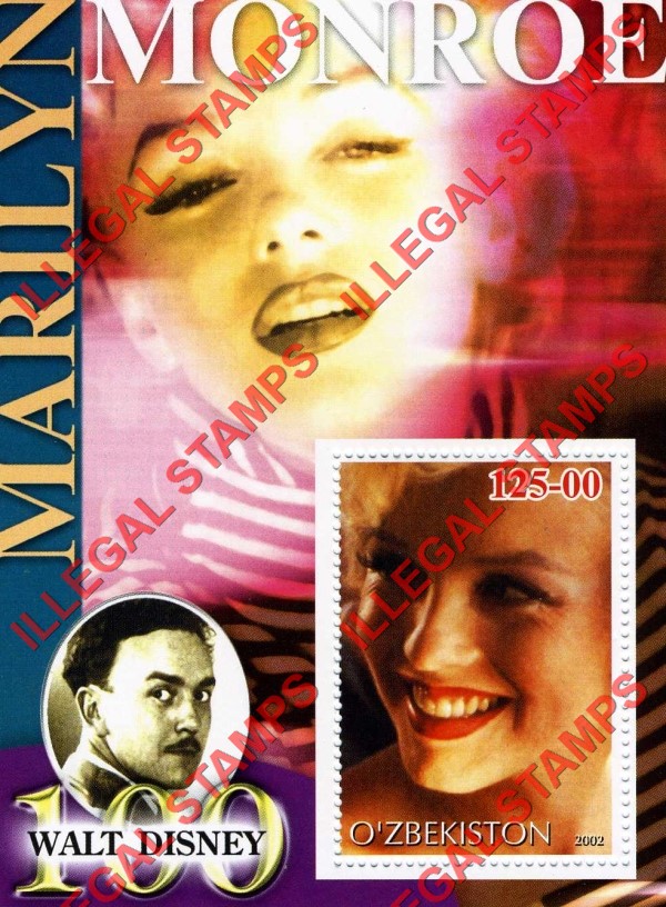 OZBEKISTON 2002 Marilyn Monroe and Walt Disney Counterfeit Illegal Stamp Souvenir Sheet of 1 (Sheet 8)