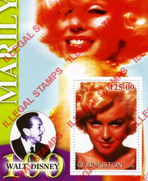 OZBEKISTON 2002 Marilyn Monroe and Walt Disney Counterfeit Illegal Stamp Souvenir Sheet of 1 (Sheet 9)