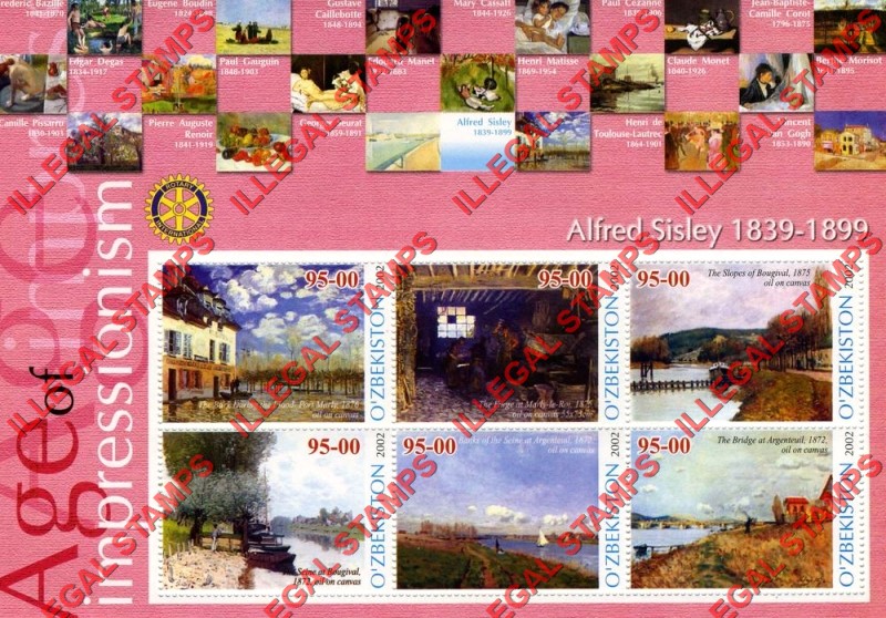 OZBEKISTON 2002 Paintings Impressionists Alfred Sisley Counterfeit Illegal Stamp Souvenir Sheet of 6