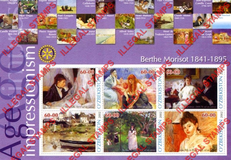 OZBEKISTON 2002 Paintings Impressionists Berthe Morisot Counterfeit Illegal Stamp Souvenir Sheet of 6