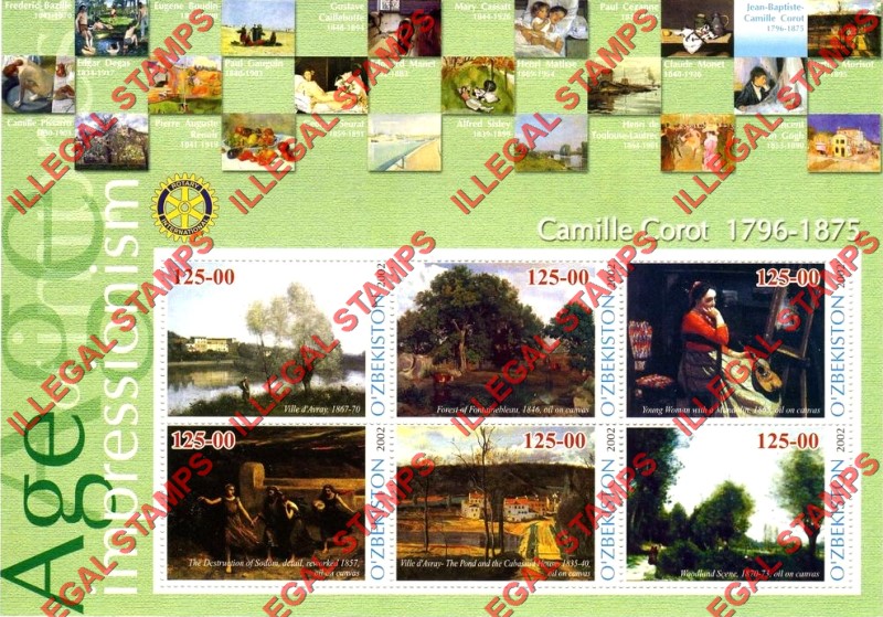 OZBEKISTON 2002 Paintings Impressionists Camille Corot Counterfeit Illegal Stamp Souvenir Sheet of 6