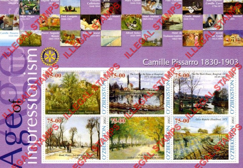 OZBEKISTON 2002 Paintings Impressionists Camille Pissarro Counterfeit Illegal Stamp Souvenir Sheet of 6