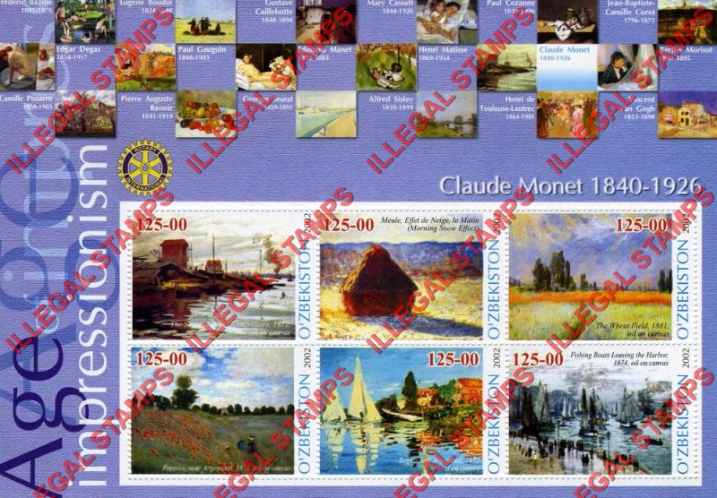OZBEKISTON 2002 Paintings Impressionists Claude Monet Counterfeit Illegal Stamp Souvenir Sheet of 6