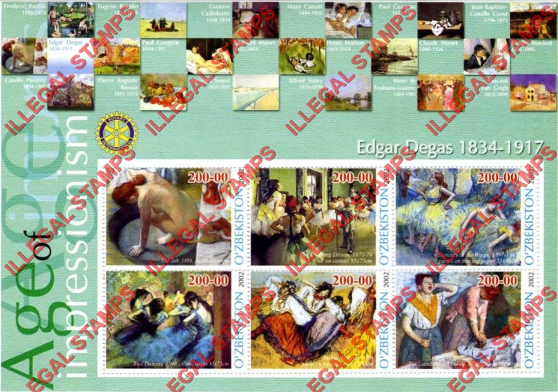 OZBEKISTON 2002 Paintings Impressionists Edgar Degas Counterfeit Illegal Stamp Souvenir Sheet of 6