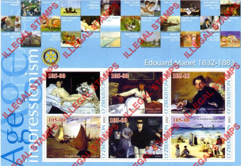 OZBEKISTON 2002 Paintings Impressionists Edouard Manet Counterfeit Illegal Stamp Souvenir Sheet of 6