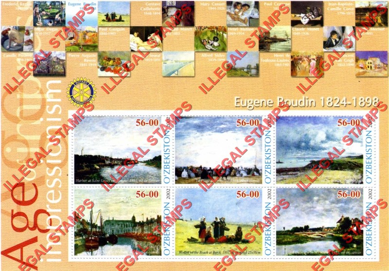 OZBEKISTON 2002 Paintings Impressionists Eugene Boudin Counterfeit Illegal Stamp Souvenir Sheet of 6