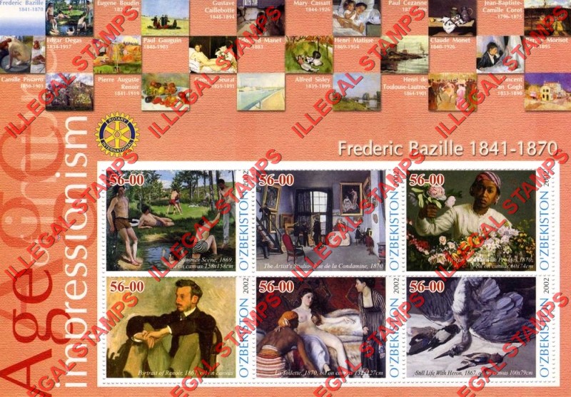 OZBEKISTON 2002 Paintings Impressionists Frederic Bazille Counterfeit Illegal Stamp Souvenir Sheet of 6