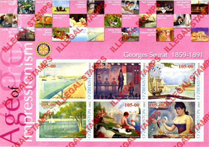 OZBEKISTON 2002 Paintings Impressionists Georges Seurat Counterfeit Illegal Stamp Souvenir Sheet of 6