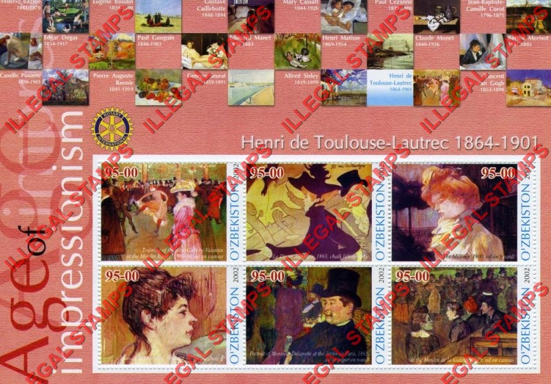 OZBEKISTON 2002 Paintings Impressionists Henri de Toulouse-Lautrec Counterfeit Illegal Stamp Souvenir Sheet of 6