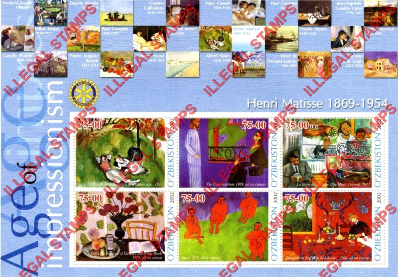 OZBEKISTON 2002 Paintings Impressionists Henri Matisse Counterfeit Illegal Stamp Souvenir Sheet of 6