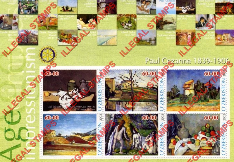 OZBEKISTON 2002 Paintings Impressionists Paul Cezanne Counterfeit Illegal Stamp Souvenir Sheet of 6