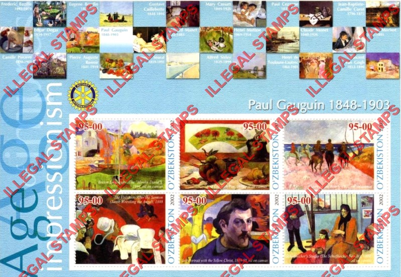 OZBEKISTON 2002 Paintings Impressionists Paul Gauguin Counterfeit Illegal Stamp Souvenir Sheet of 6