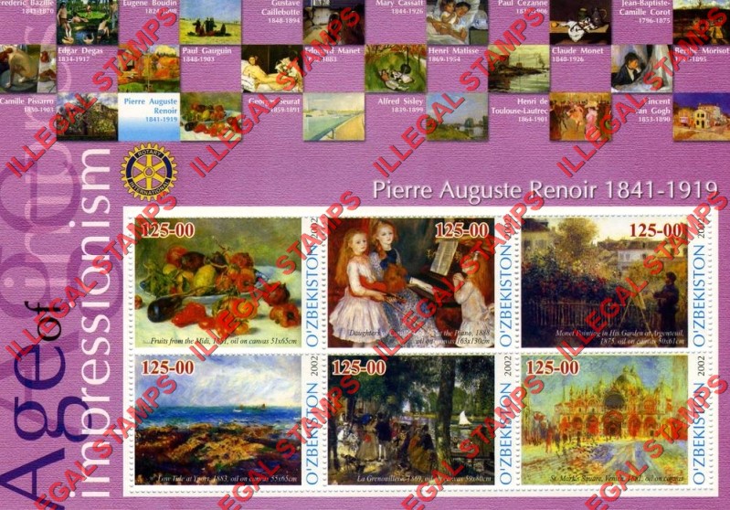 OZBEKISTON 2002 Paintings Impressionists Pierre Auguste Renoir Counterfeit Illegal Stamp Souvenir Sheet of 6