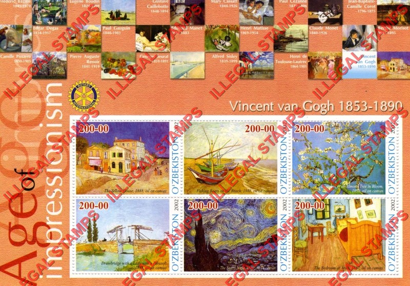 OZBEKISTON 2002 Paintings Impressionists Vincent van Gogh Counterfeit Illegal Stamp Souvenir Sheet of 6