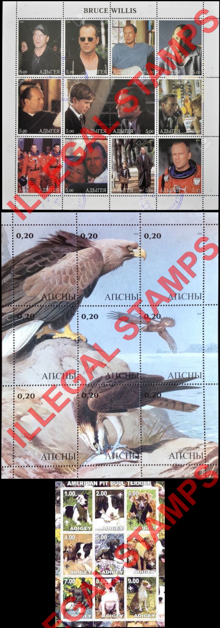 Republic of Adygea 2000 Bruce Willis, Birds of Prey and Dogs Illegal Stamps