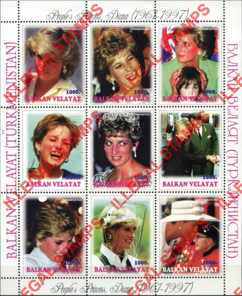 Balkan Velayat 1997-8 Princess Diana Illegal Stamps