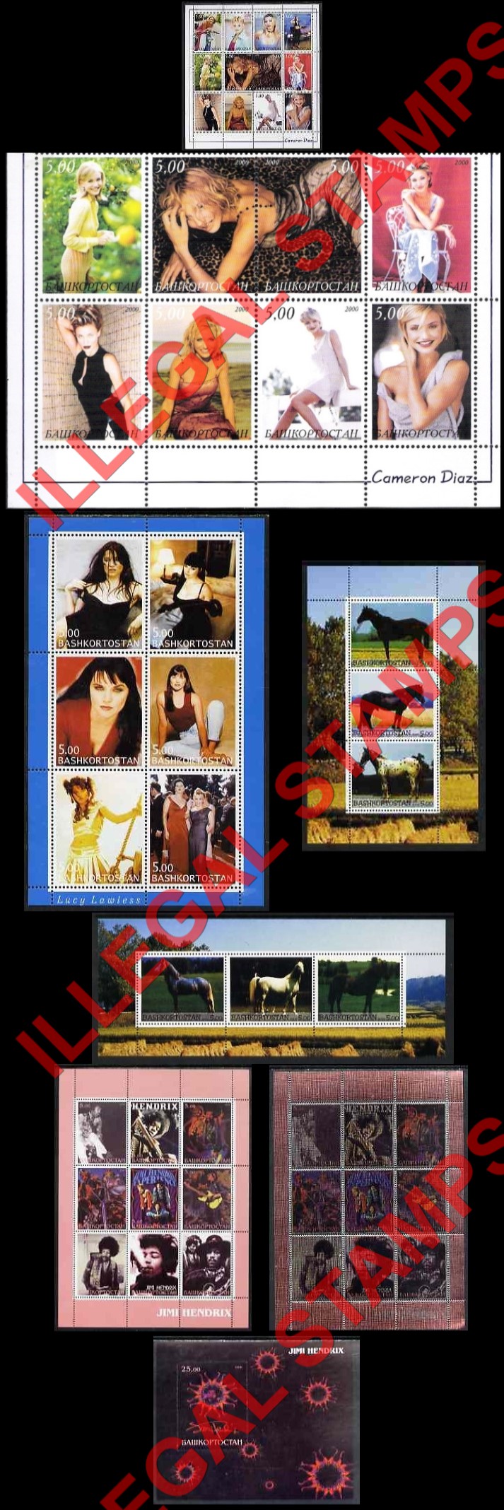 Republic of Bashkortostan 2000 Cameron Diaz, Lucy Lawless, Horses and Jimi Hendrix Illegal Stamps