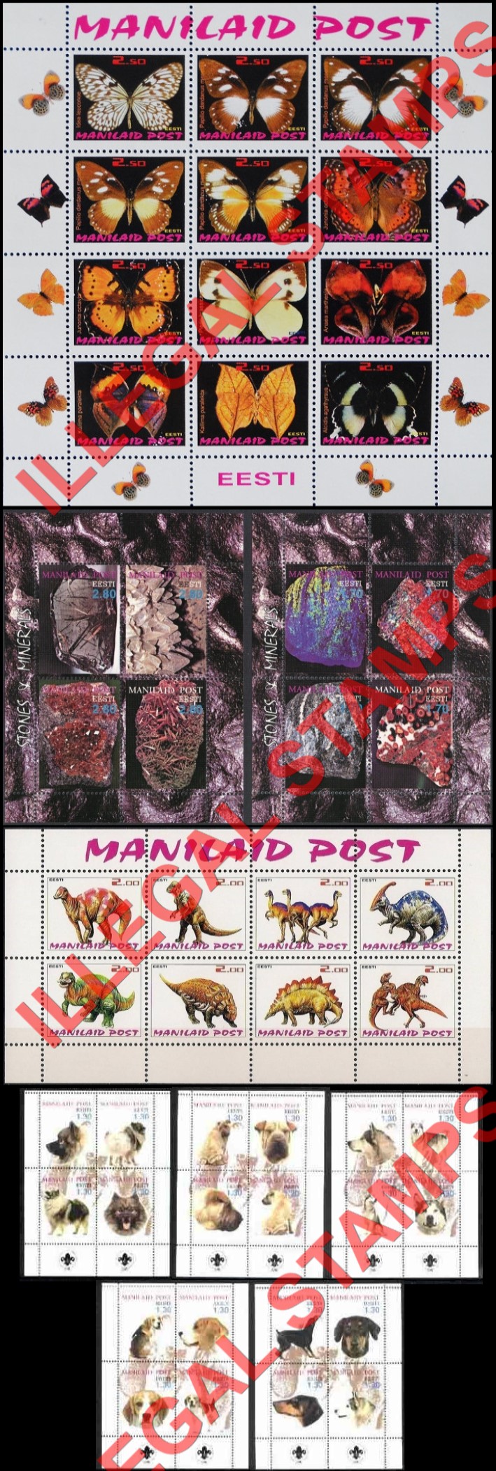 Manilaid Post Dogs, Minerals, Dinosaurs and Butterflies Illegal Stamps