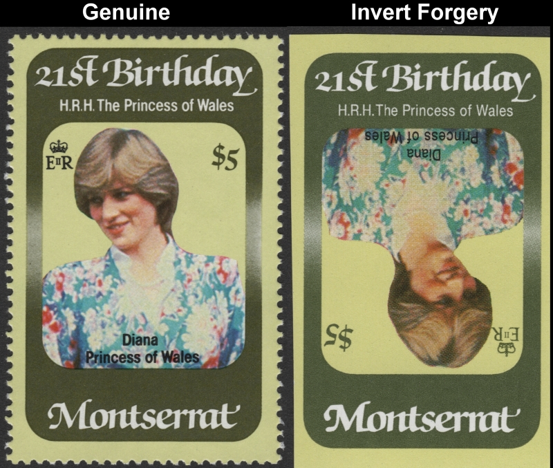 Montserrat 1982 21st Birthday Inverted Frame 2nd Printing Forgery with Genuine Stamp Comparison