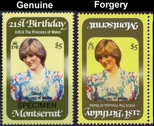 Montserrat 1982 21st Birthday Forgery with Original Stamp Comparison