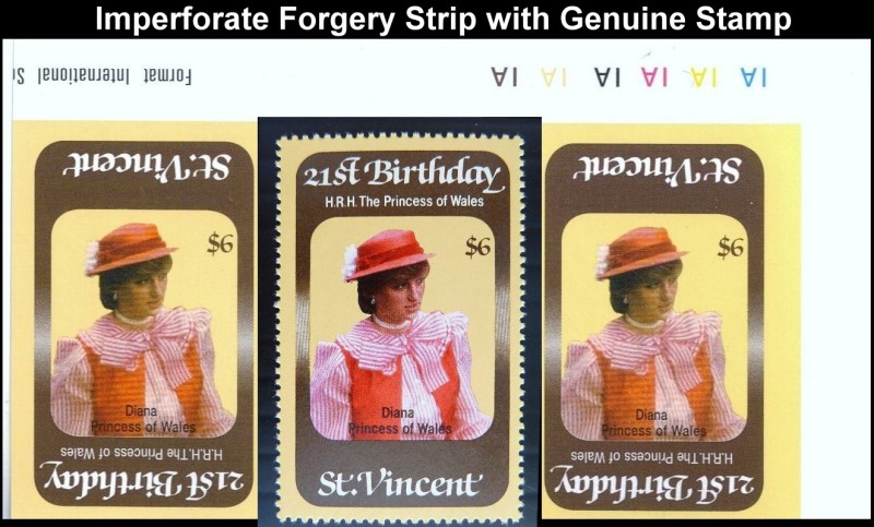 Saint Vincent 1982 21st Birthday Imperforate Forgery with Original Stamp Comparison