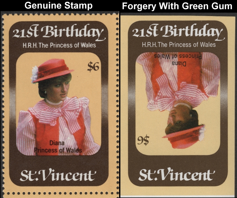 Saint Vincent 1982 21st Birthday Invert Forgery 2nd Printing with Genuine Stamp Comparison 1200dpi scans