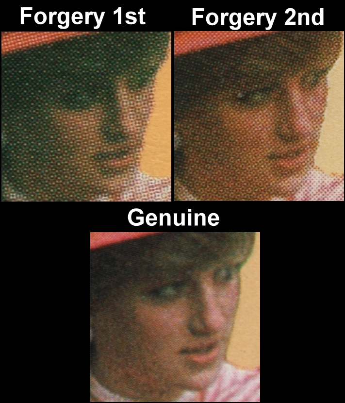 Saint Vincent 1982 Princess Diana 21st Birthday Invert Forgery 1st and 2nd Printing Screen and Color Comparison of her face